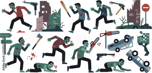 Zombie Apocalypse Action Scenes Vector Set Featuring Undead Characters, Weapons, Survival Situations and Horror City Destruction in Flat Illustration Style