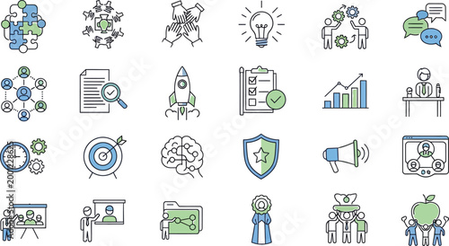 Set of business and teamwork icons with people, symbols and objects isolated on transparent background, isolated on white background, Vector
