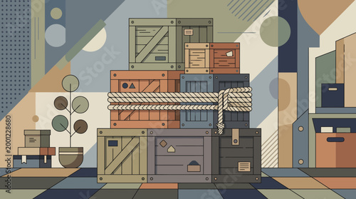 Stack of wooden crates and boxes tied with rope.