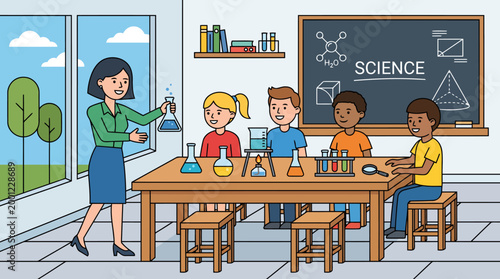 Teacher demonstrates science experiment to attentive students in classroom.