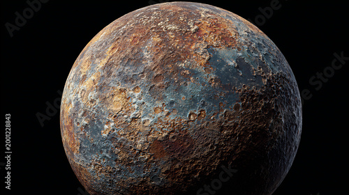 Photorealistic surface of a rocky planet with craters, iron deposits, and barren landscape. Realistic planetary texture for space exploration.