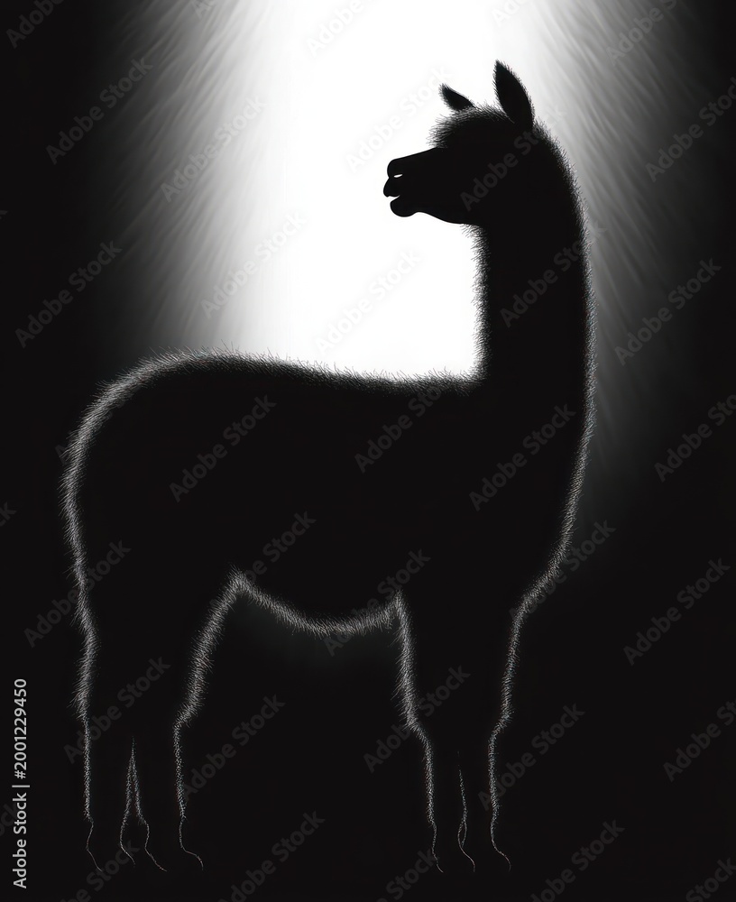 Fototapeta premium backlit fluffy llama silhouette standing in a dramatic vertical beam of light, serene and mysterious