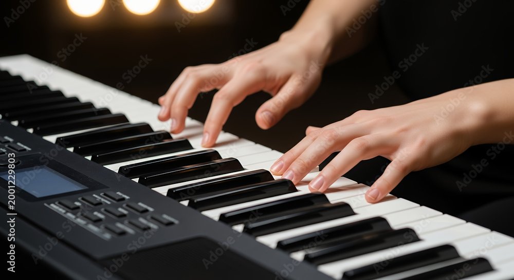 Obraz premium Musician Play Piano with Focus, Classical and Modern Keyboard Performance, Art and Lifestyle Theme