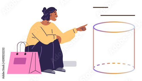 Technology, consumer behavior, shopping, virtual reality, futuristic interaction, human connection. Woman sitting with a shopping bag pointing at a holographic display. Technology and consumer