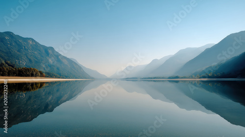 Serene lake mountain landscape calm water blue sky reflection nature scene tranquil morning light view