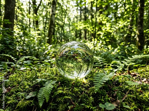 Glass sphere reflecting forest greenery on mossy ground in sunlight