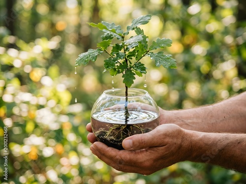 Hand holding young tree seedling with soil and water droplets in garden