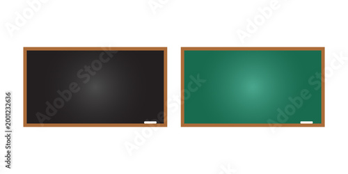 Chalkboard set. Realistic black and green blackboard in wooden frame isolated on whit background. Blackboard collection. Rubbed out dirty chalkboard. Background for school or restaurant design, menu