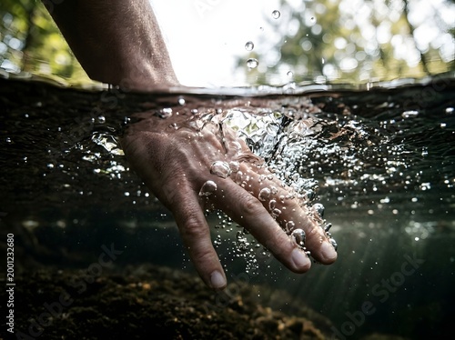 Hand reaching into clear water with bubbles and natural light