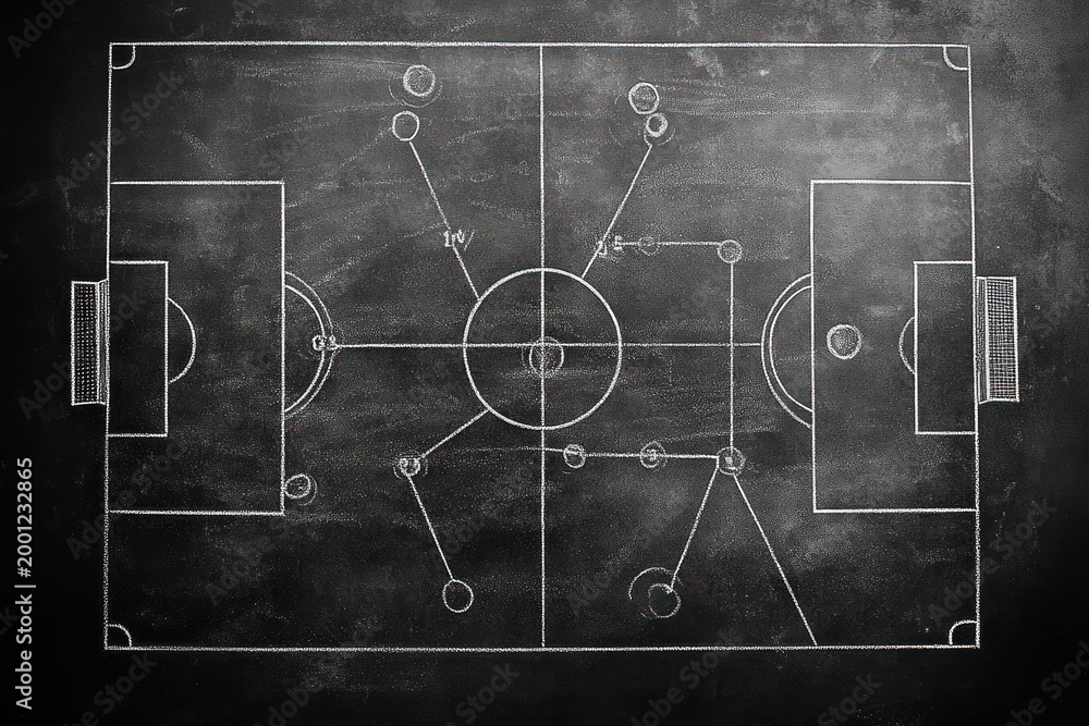 Fototapeta premium chalkboard soccer field diagram showing player positions, connecting lines and arrows, tactical formations and strategic focus