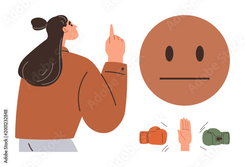 Conflict resolution, decision-making, self-expression, nonverbal communication, disagreement, personal interactions. A woman points upward, with a neutral face and hand gestures. Conflict resolution