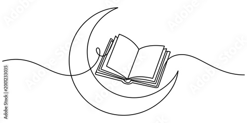 Continuous single line drawing of an open book resting on a crescent moon shape representing bedtime stories reading education and imagination concept
