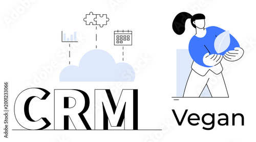 Customer relationship management, data analytics, technology, sustainability, vegan lifestyle, eco-conscious behavior. CRM cloud icons and a person holding a leaf. CRM and sustainability