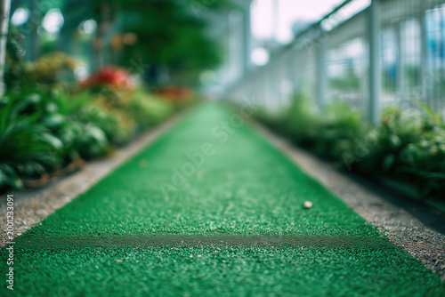 Green pedestrian path walkway urban outdoor city blur fence garden perspective nature