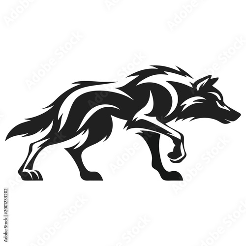 Dynamic wolf silhouette in a low, predatory stalk vector