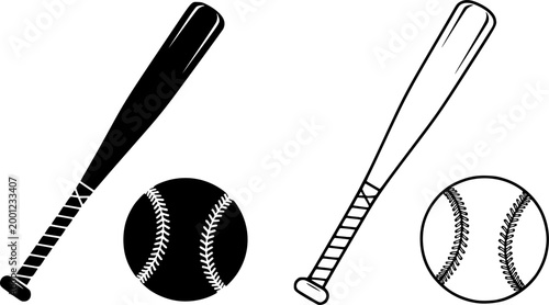 a baseball bat and ball in both outlined and solid black versions representing the sport