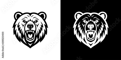 Aggressive Bear Head Mascot in Black and White.