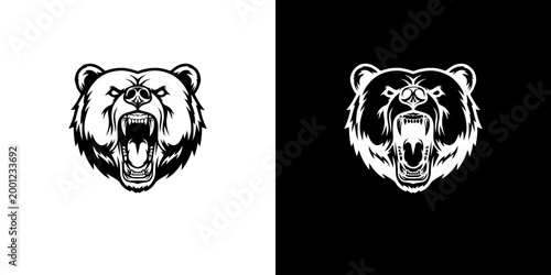 Bear Head Illustration - Aggressive Roar in Black and White.