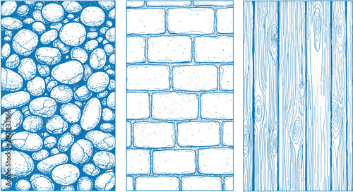 Blue textured backgrounds of pebbles, bricks, and wood grain patterns vector background .