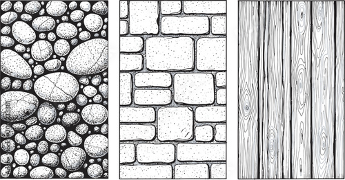 Textures pebbles, stone bricks, and wooden planks vector background .