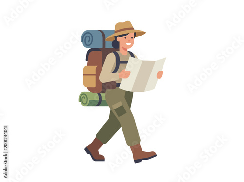 A woman backpacker looking at a map while hiking outdoors.