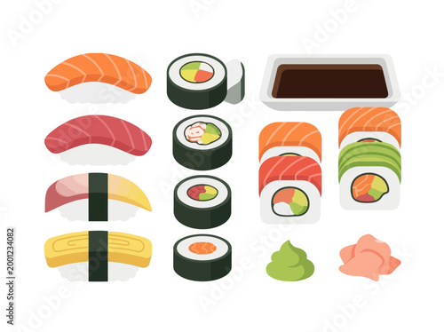 Set of assorted sushi rolls nigiri and sashimi with condiments.