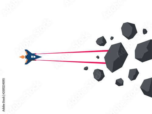 Spacecraft firing lasers at asteroid field in deep space.