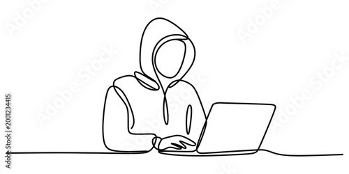 Continuous single line drawing of a hacker wearing a hoodie using a laptop computer for cyber security and programming tasks in a simple minimalist style