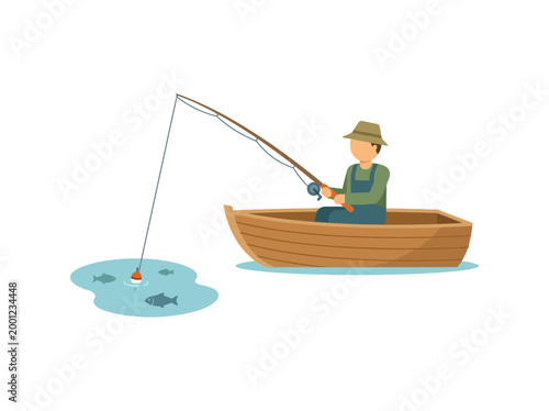 A cartoon illustration of a fisherman sitting in a wooden boat catching fish.