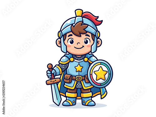 Cute cartoon knight boy holding a sword and star shield.