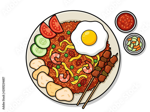 Indonesian Nasi Goreng Fried Rice Illustration with Satay and Egg.