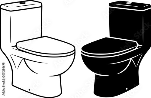 Two toilet designs one outlined and one solid black presenting a contrasting view silhouette
