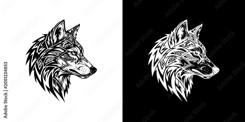 Obraz premium Detailed Wolf Head Illustration in Black and White.