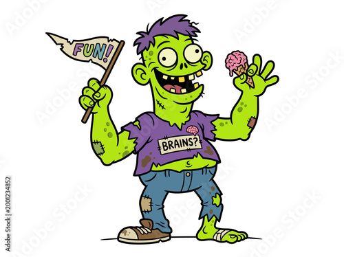 Cartoon green zombie holding an ice cream cone and a fun flag.
