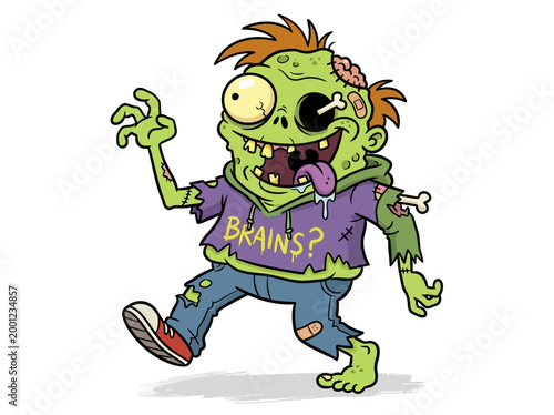 Cartoon illustration of a silly green zombie walking in a purple hoodie.