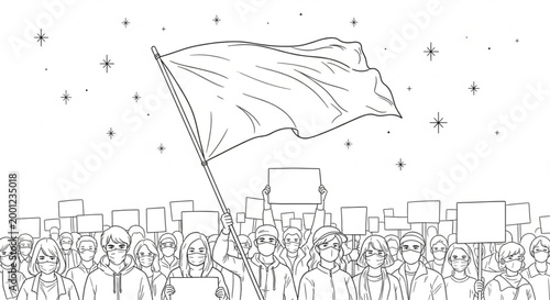 Black-and-White Line Art of Protesters Holding Signs and a Flag with Starry Sky and Determined Faces