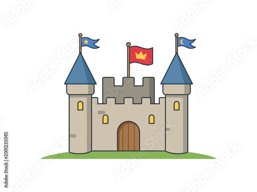 Medieval stone castle illustration with flags and crown symbol on white background.
