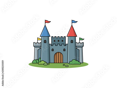 Cartoon medieval castle with colorful towers and flags.