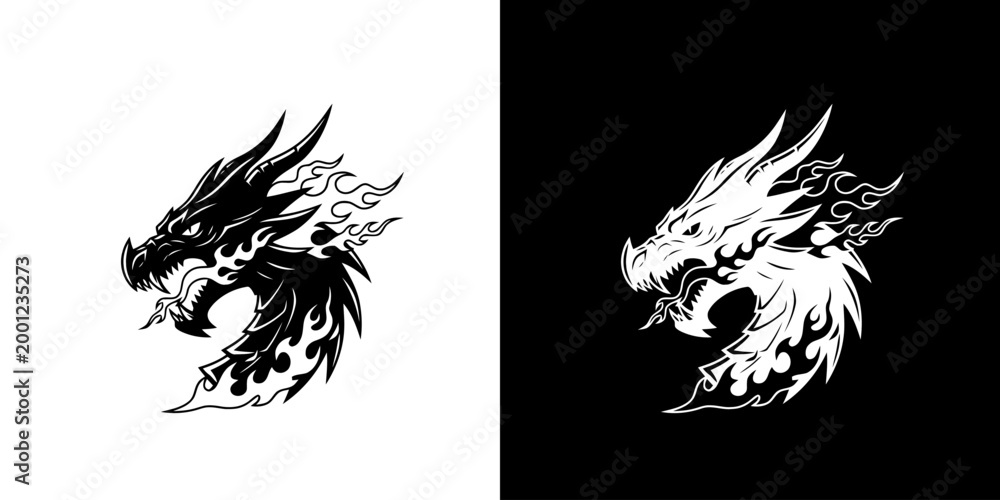Obraz premium Dragon head illustration in contrasting black and white design.