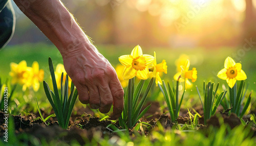Planting Bright Yellow Daffodils by Hand in a Green Meadow