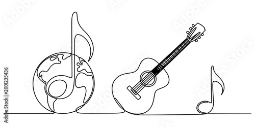 Continuous single line drawing of a guitar with music notes and a world globe showing global music culture and international song concept illustration