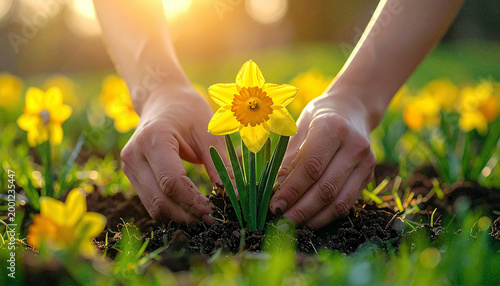 Planting Bright Yellow Daffodils by Hand in a Green Meadow
