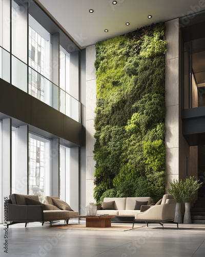 Modern office lobby green wall vertical garden natural light sustainable design indoor plant sofa seating calm mood modern