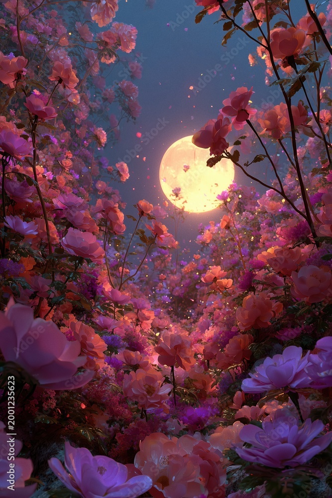 Naklejka premium Mystical 3d render of a glowing full moon surrounded by lush red and purple roses with soft light. Romantic fantasy night background for cards and artistic designs.