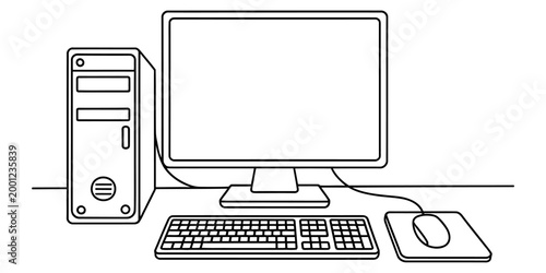 Black and white line drawing of a desktop computer with a monitor screen keyboard and mouse setup on a simple table for office and school projects