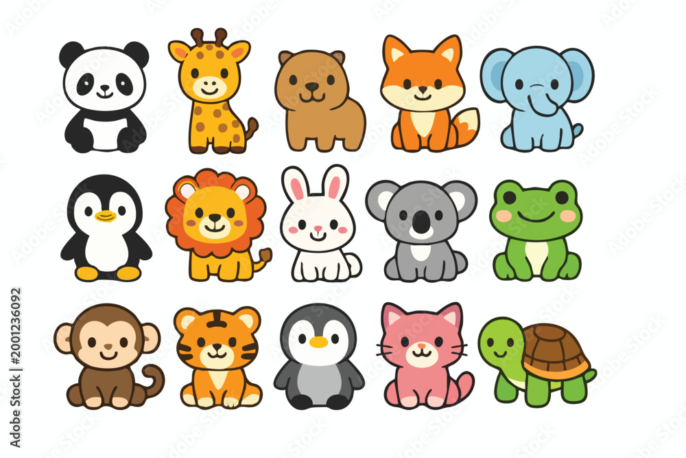 Fototapeta premium Cute Kawaii Animal Characters Collection Vector Set
