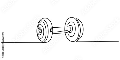 Continuous single line drawing of a dumbbell weight for gym fitness and muscle training equipment concept in a simple minimalist black outline style