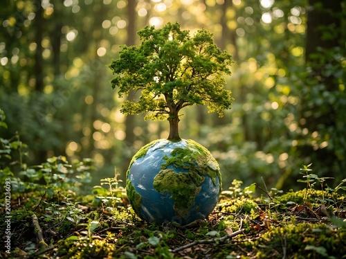 Tree growing on globe representing nature and environment during golden hour