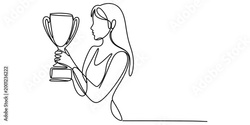 Continuous line drawing of a successful woman holding a gold trophy cup as a winner celebrating her professional achievement in a minimalist style