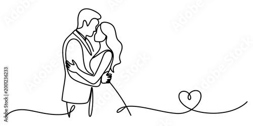 Continuous single line drawing of a loving couple embracing and hugging with a heart shape symbol representing romantic love and wedding celebration